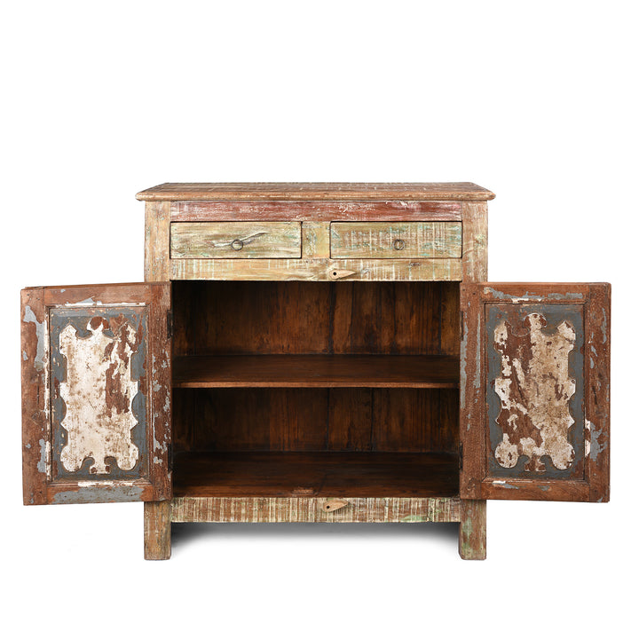 Open Doors View Of Reclaimed Teak Side Cabinet With Painted Finish | Indigo Antiques