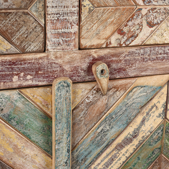 Latch Detail From Reclaimed Teak Parquet Side Cabinet With Painted Finish | Indigo Antiques