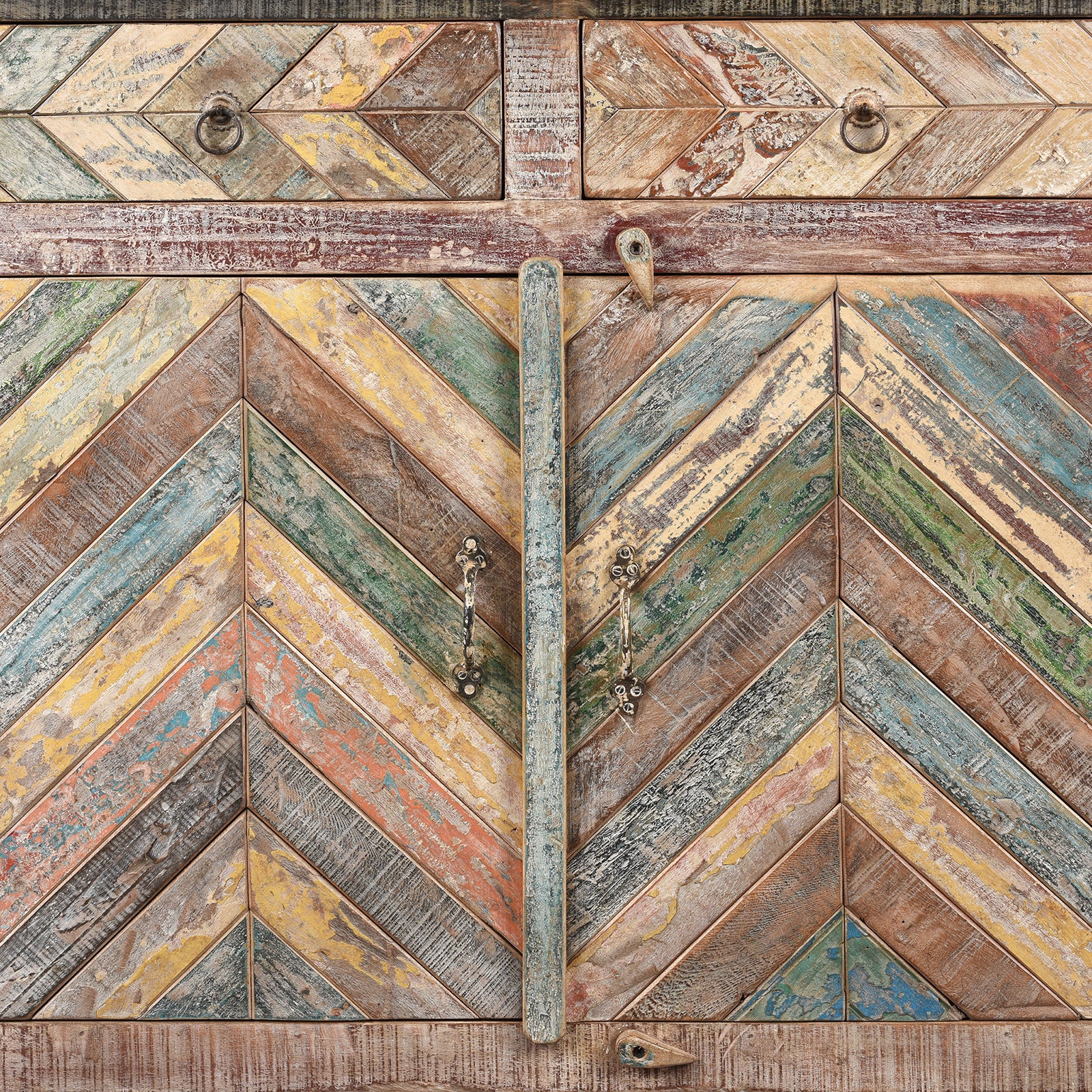 Doors Detail From Reclaimed Teak Parquet Side Cabinet With Painted Finish | Indigo Antiques