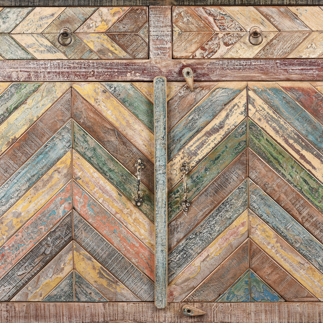 Doors Detail From Reclaimed Teak Parquet Side Cabinet With Painted Finish | Indigo Antiques