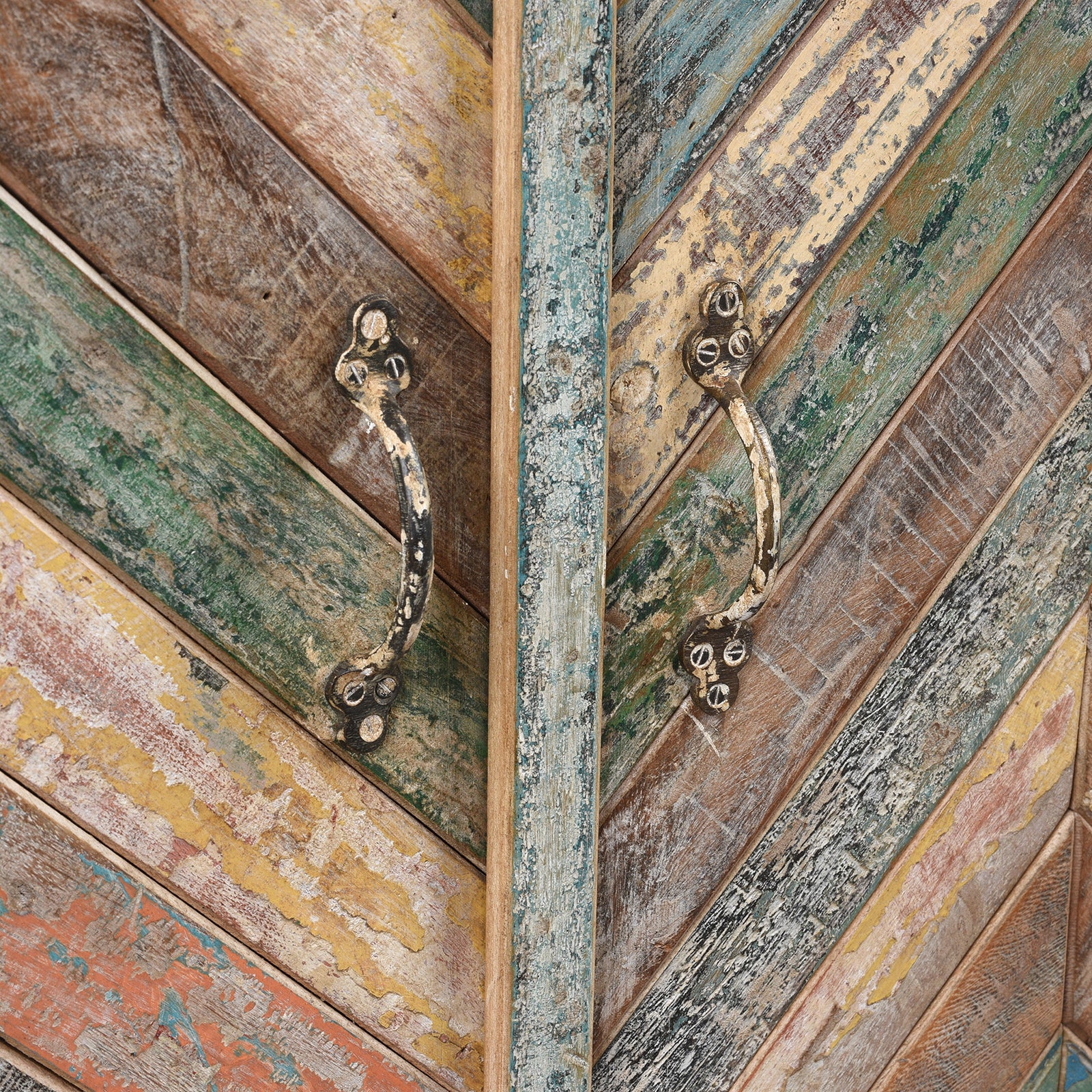 Handles Detail From Reclaimed Teak Parquet Side Cabinet With Painted Finish | Indigo Antiques