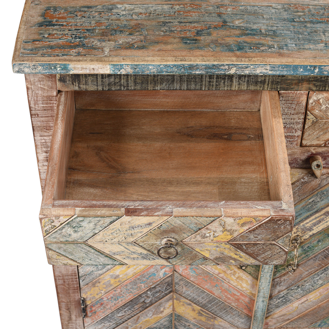 Drawer Detail From Reclaimed Teak Parquet Side Cabinet With Painted Finish | Indigo Antiques