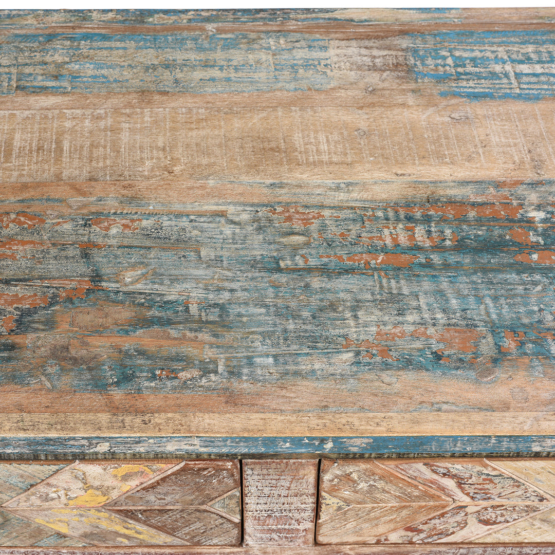 Top Detail From Reclaimed Teak Parquet Side Cabinet With Painted Finish | Indigo Antiques