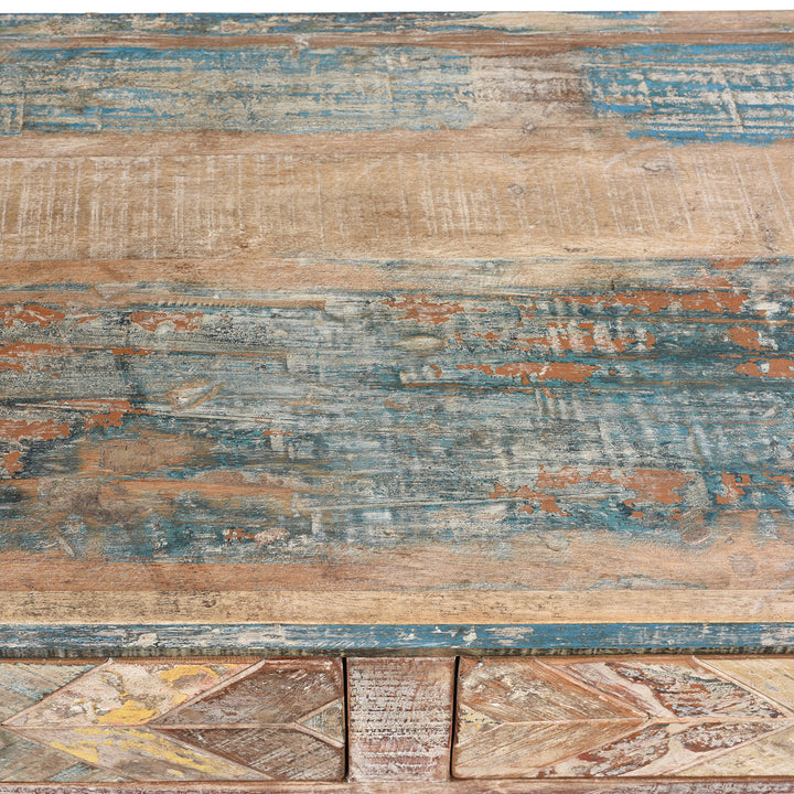 Top Detail From Reclaimed Teak Parquet Side Cabinet With Painted Finish | Indigo Antiques