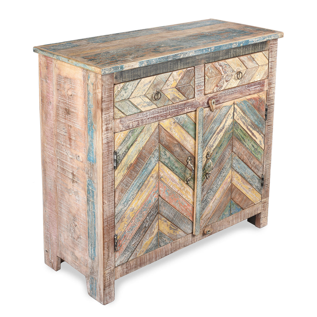 Angled View Of Reclaimed Teak Parquet Side Cabinet With Painted Finish | Indigo Antiques