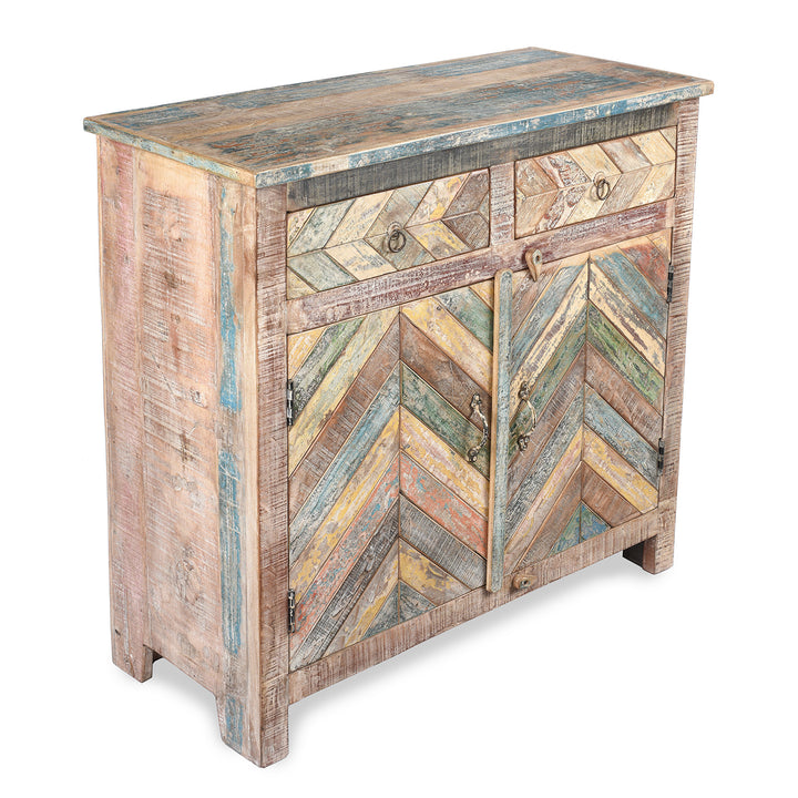 Angled View Of Reclaimed Teak Parquet Side Cabinet With Painted Finish | Indigo Antiques