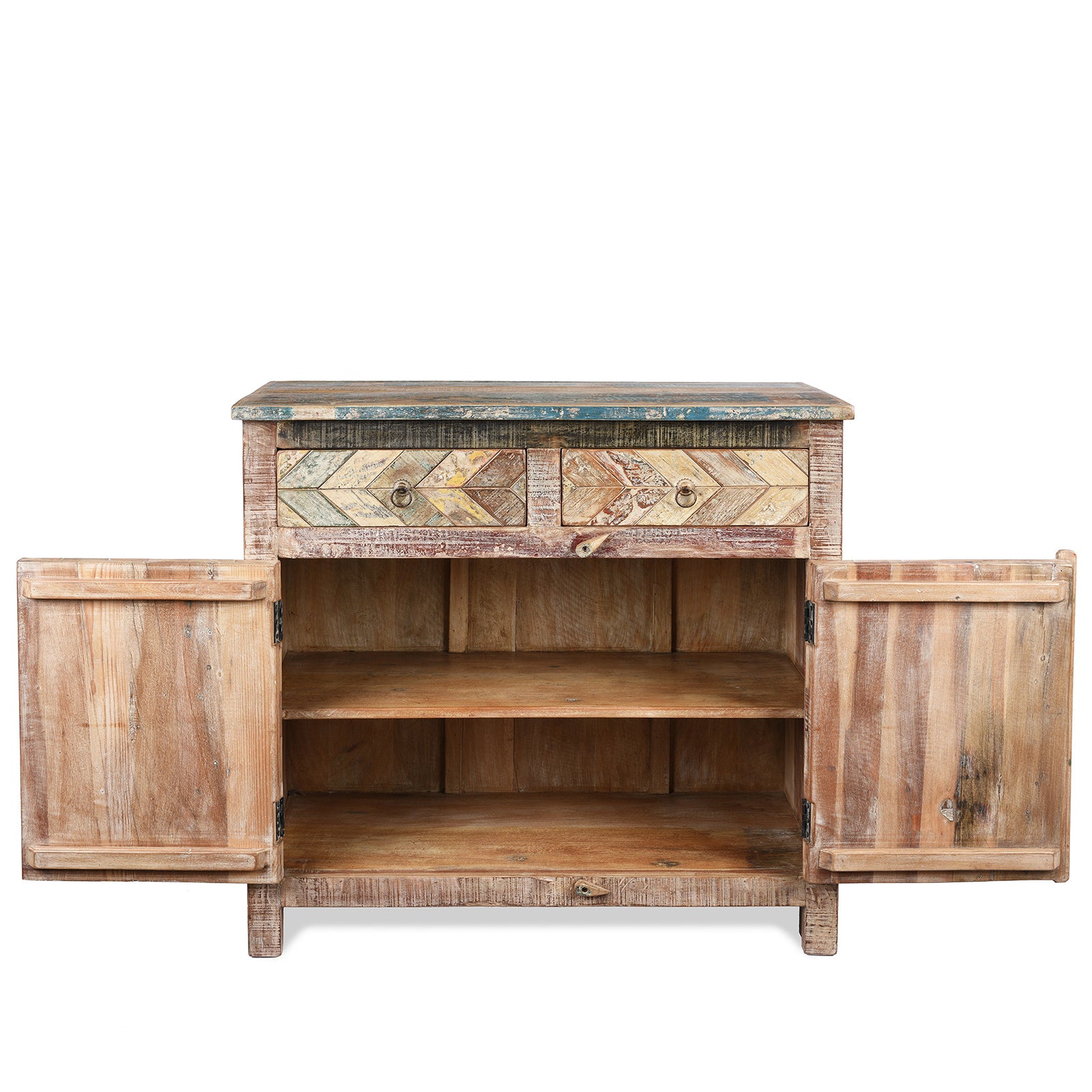 Open Doors View Of Reclaimed Teak Parquet Side Cabinet With Painted Finish | Indigo Antiques