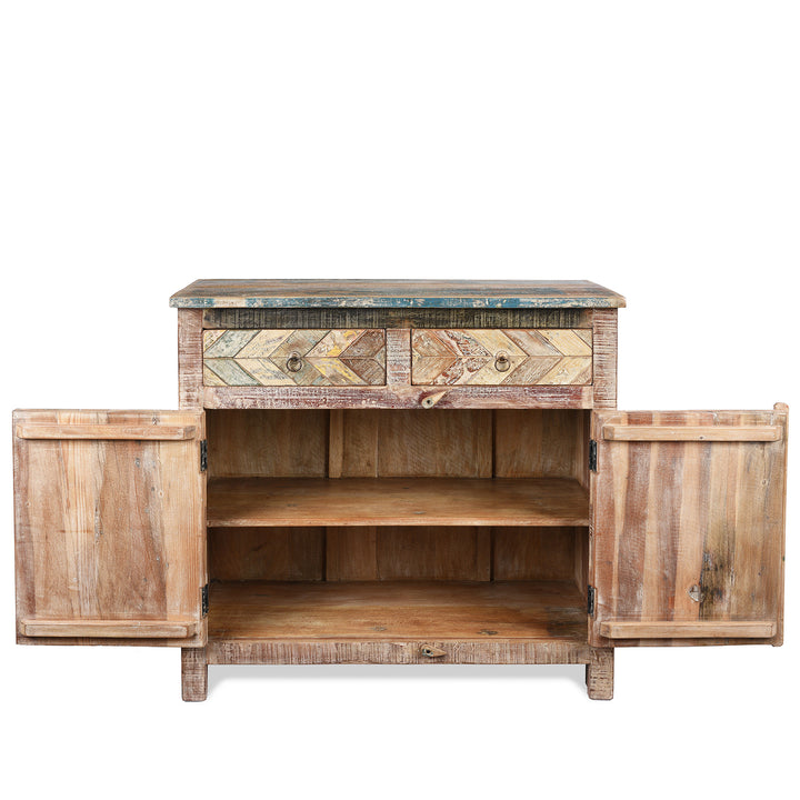 Open Doors View Of Reclaimed Teak Parquet Side Cabinet With Painted Finish | Indigo Antiques