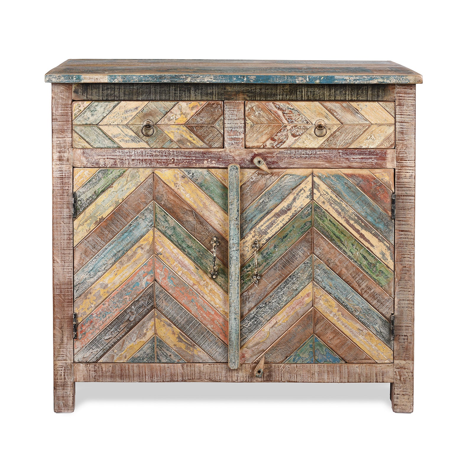 Reclaimed Teak Parquet Side Cabinet With Painted Finish | Indigo Antiques