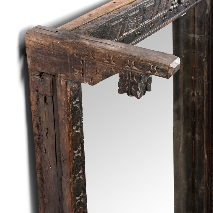 Corner Detail From Antique Carved Teak Door Mirror From Nagaur - 19th Century | Indigo Antiques