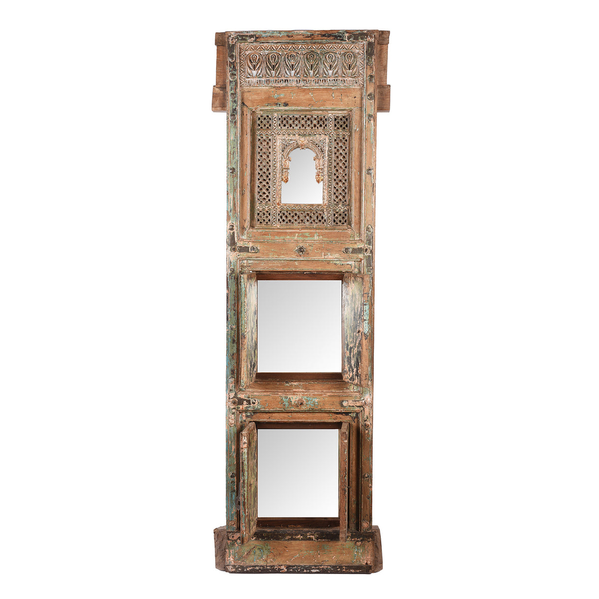 Open View Of Antique Teak Tiwalia Shrine Mirror From Bikaner | Indigo Antiques