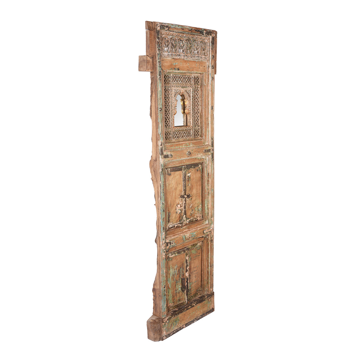 Angled View Of Antique Teak Tiwalia Shrine Mirror From Bikaner | Indigo Antiques