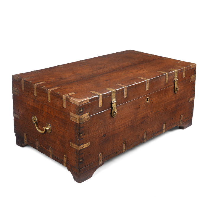 Angled View Of Antique Brass Bound Teak Military Chest From Rajasthan -19th Century | Indigo Antiques