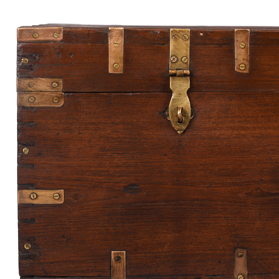 Corner Detail From Antique Brass Bound Teak Military Chest From Rajasthan -19th Century | Indigo Antiques