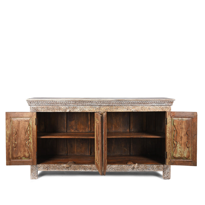 Open Doors View Of Reclaimed Teakwood Sideboard With Painted Finish | Indigo Antiques