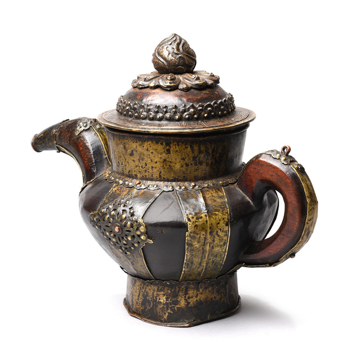 Rear View Of Antique Yak Leather & Brass Tibetan Teapot | Indigo Antiques