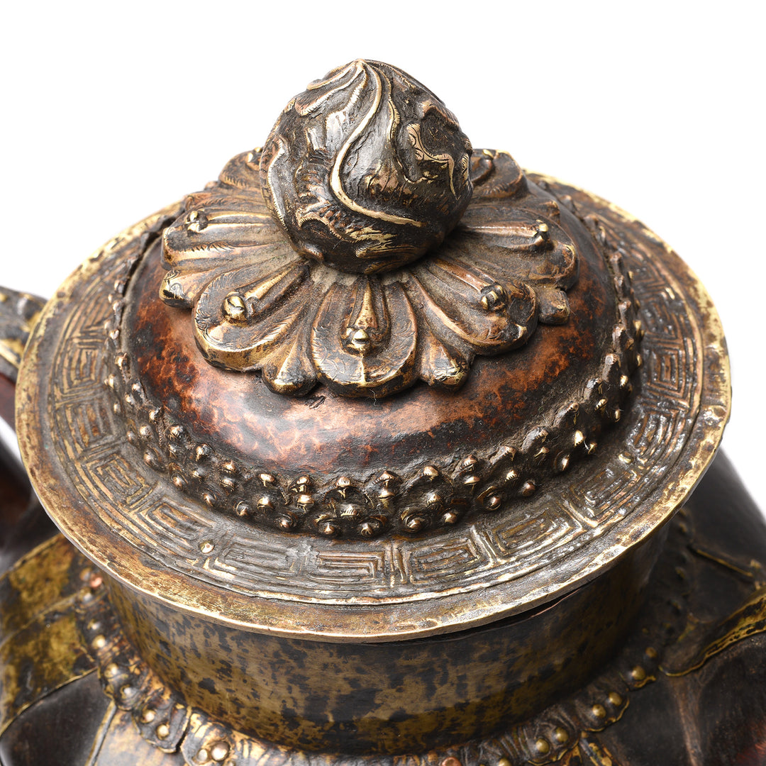 Lid Detail From Antique Yak Leather & Brass Tibetan Teapot | Indigo Antiques