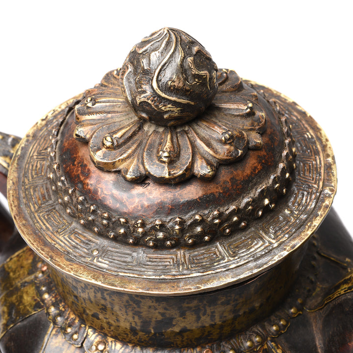 Lid Detail From Antique Yak Leather & Brass Tibetan Teapot | Indigo Antiques