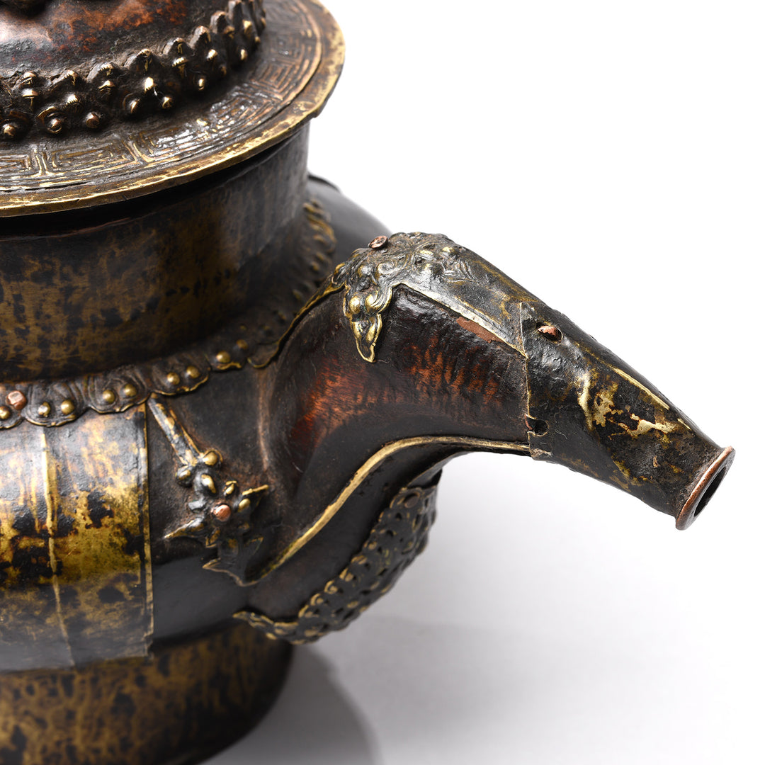 Spout Detail From Antique Yak Leather & Brass Tibetan Teapot | Indigo Antiques