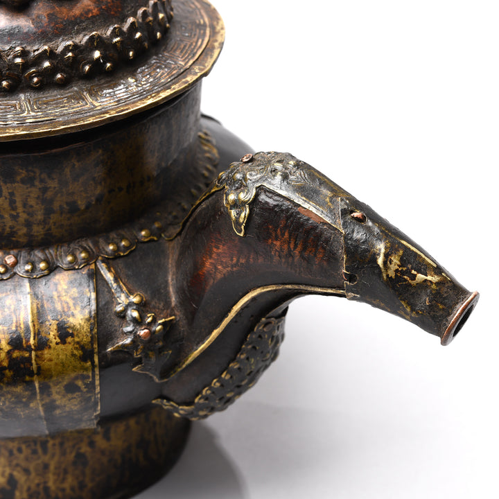 Spout Detail From Antique Yak Leather & Brass Tibetan Teapot | Indigo Antiques