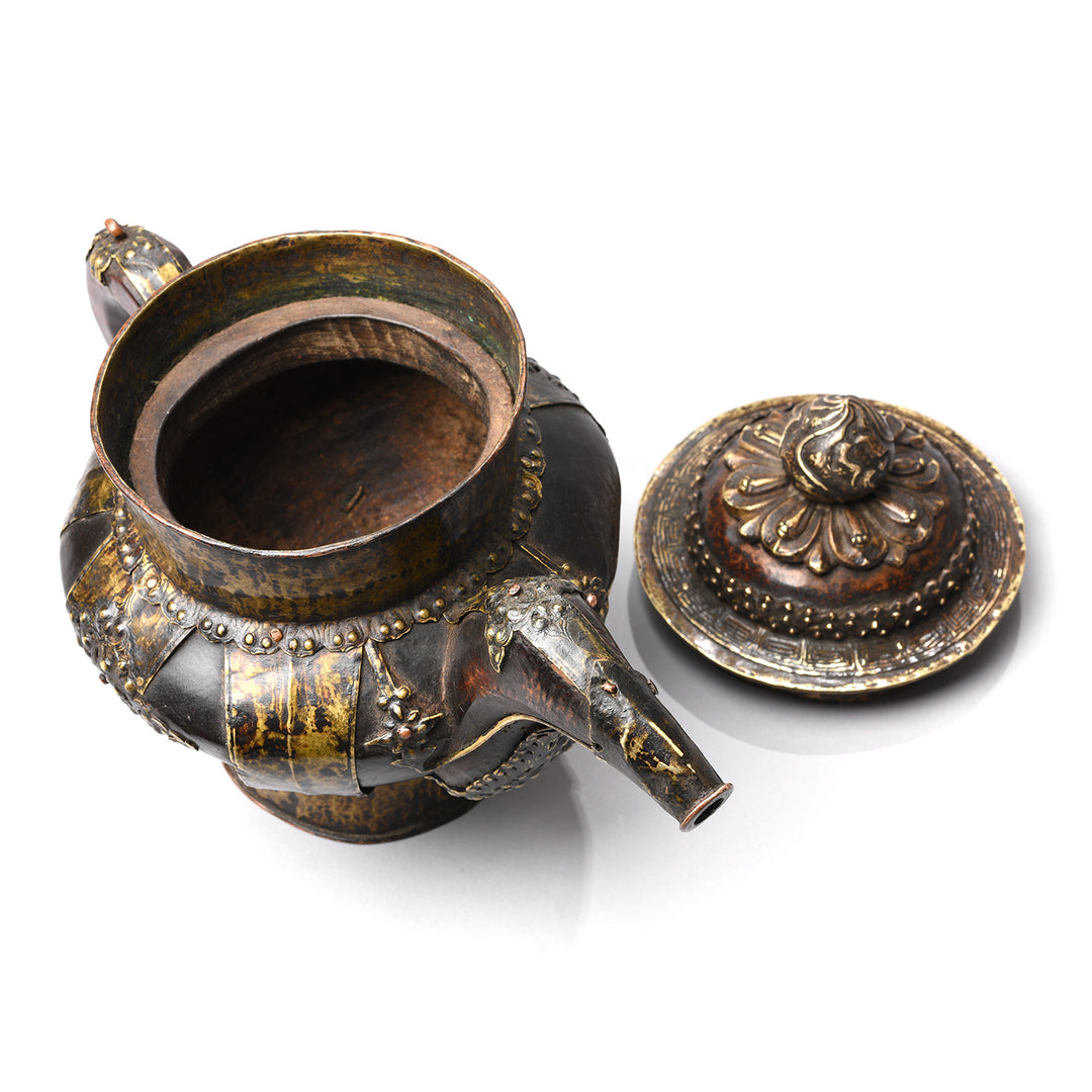 Lid Off View Of Antique Yak Leather & Brass Tibetan Teapot | Indigo Antiques