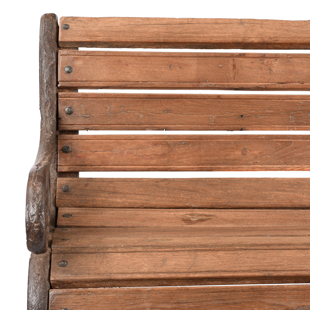 Corner Detail From Antique Cast Iron Slatted Teak Coalbrookdale Bench | Indigo Antiques