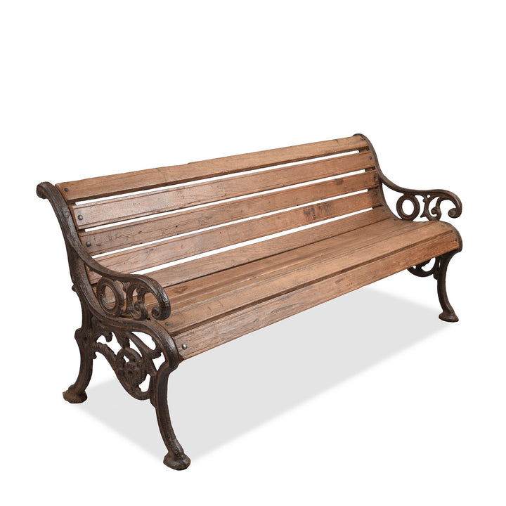 Angled VIew Of Antique Cast Iron Slatted Teak Coalbrookdale Bench | Indigo Antiques