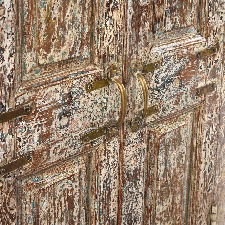 Handles Detail From Reclaimed 2 Door Teakwood Cabinet With Old Paint | Indigo Antiques