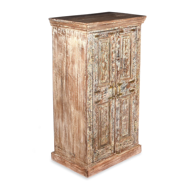 Angled View Of Reclaimed 2 Door Teakwood Cabinet With Old Paint | Indigo Antiques