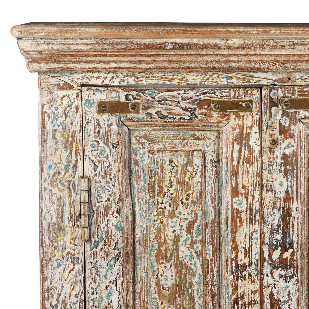 Corner Detail From Reclaimed 2 Door Teakwood Cabinet With Old Paint | Indigo Antiques