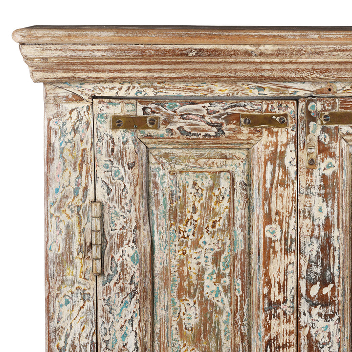 Corner Detail From Reclaimed 2 Door Teakwood Cabinet With Old Paint | Indigo Antiques