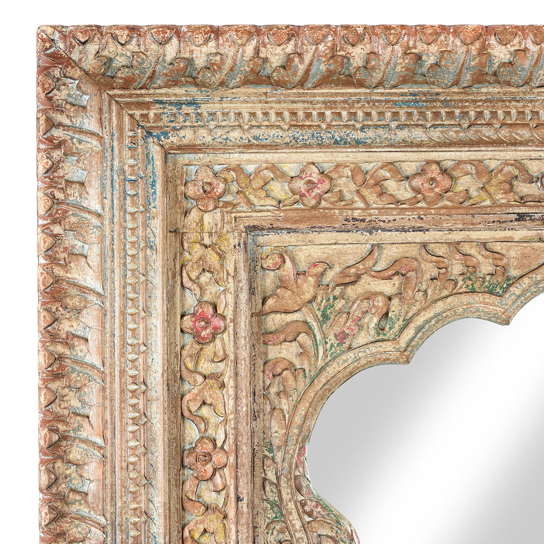 Carving Detail From Carved Large Mihrab Mirror Frame - Limed And Painted Finish | Indigo Antiques