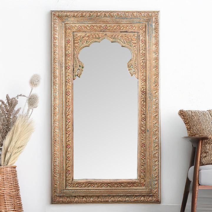 Carved Large Mihrab Mirror Frame - Limed And Painted Finish | Indigo Antiques