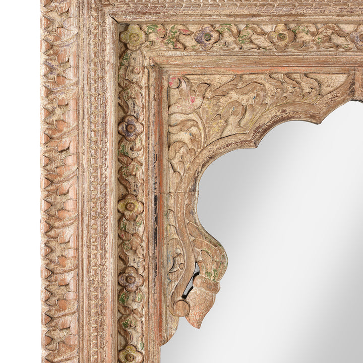 Carving Detail From Carved Large Mihrab Mirror Frame - Limed And Painted Finish | Indigo Antiques