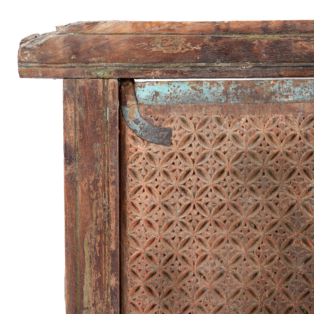 Corner Detail Of Frame And Carving From Antique Carved Window Shutter From Nagaur | Indigo Antiques