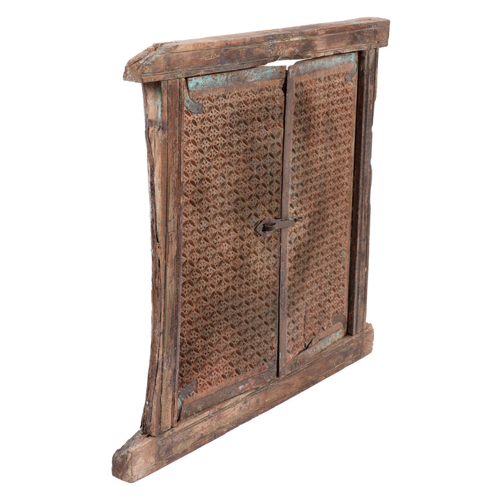 Angled View Of Antique Carved Window Shutter From Nagaur | Indigo Antiques