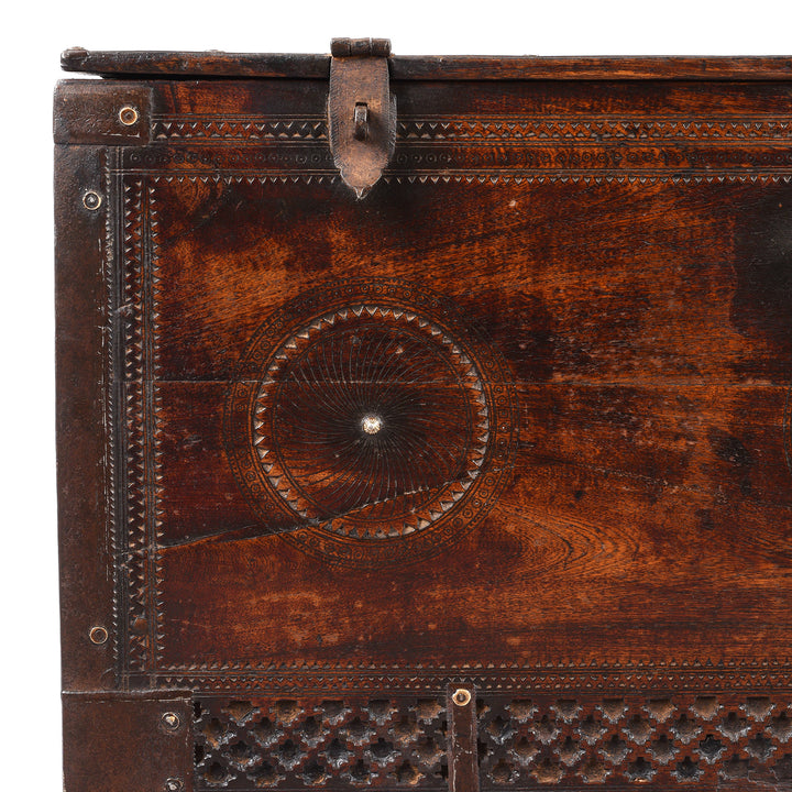 Corner Detail From Antique Indian Chip Carved Merchants Box | Indigo Antiques