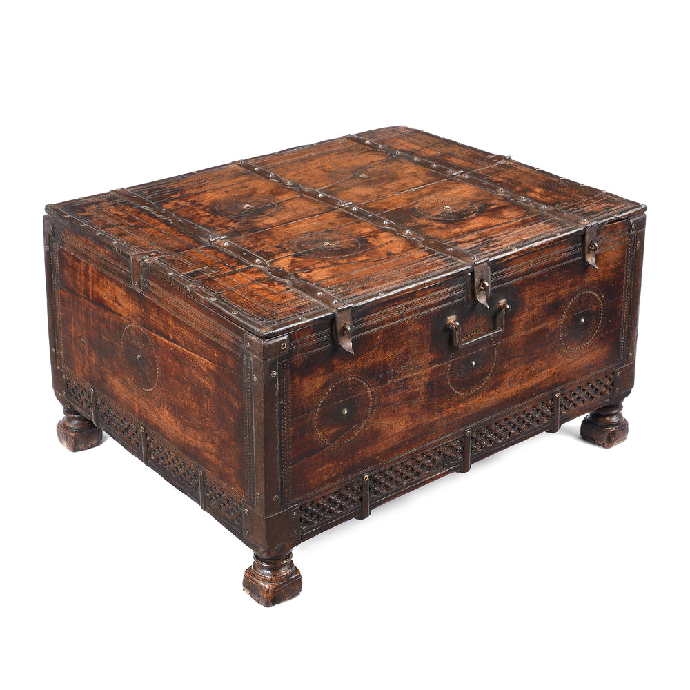 Angled View Of Antique Indian Chip Carved Merchants Box | Indigo Antiques