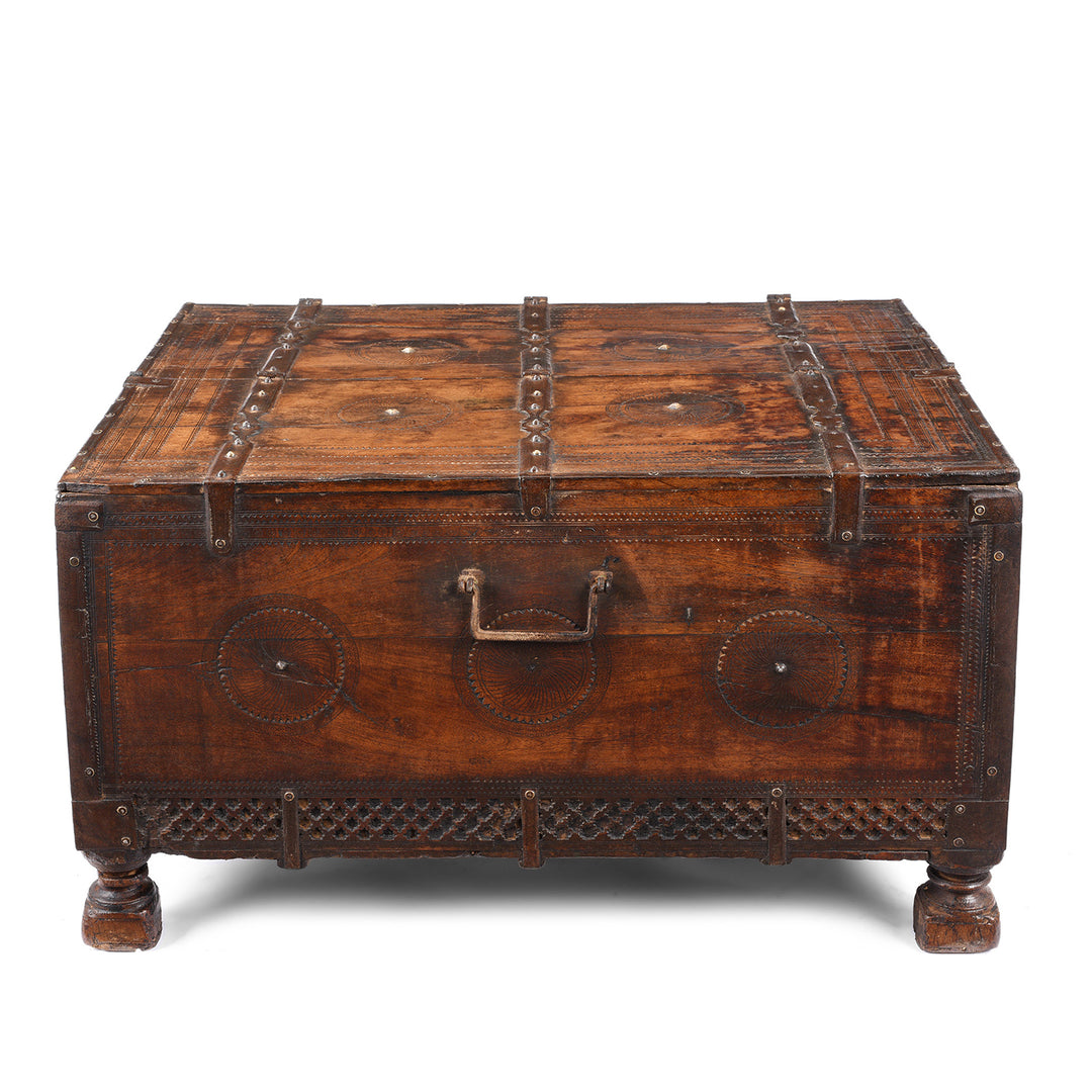 Back Of Antique Indian Chip Carved Merchants Box | Indigo Antiques