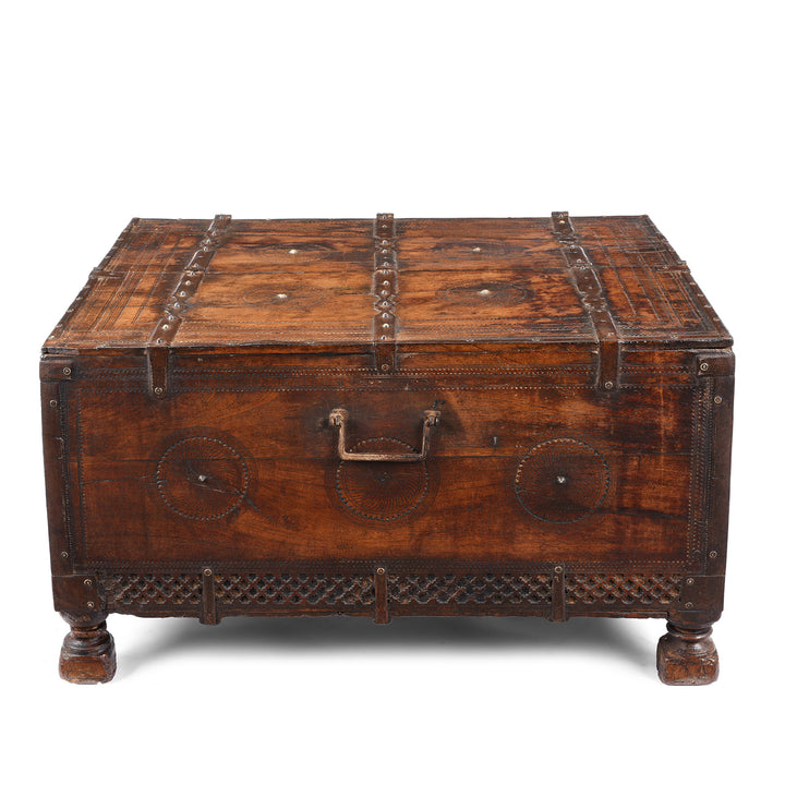 Back Of Antique Indian Chip Carved Merchants Box | Indigo Antiques