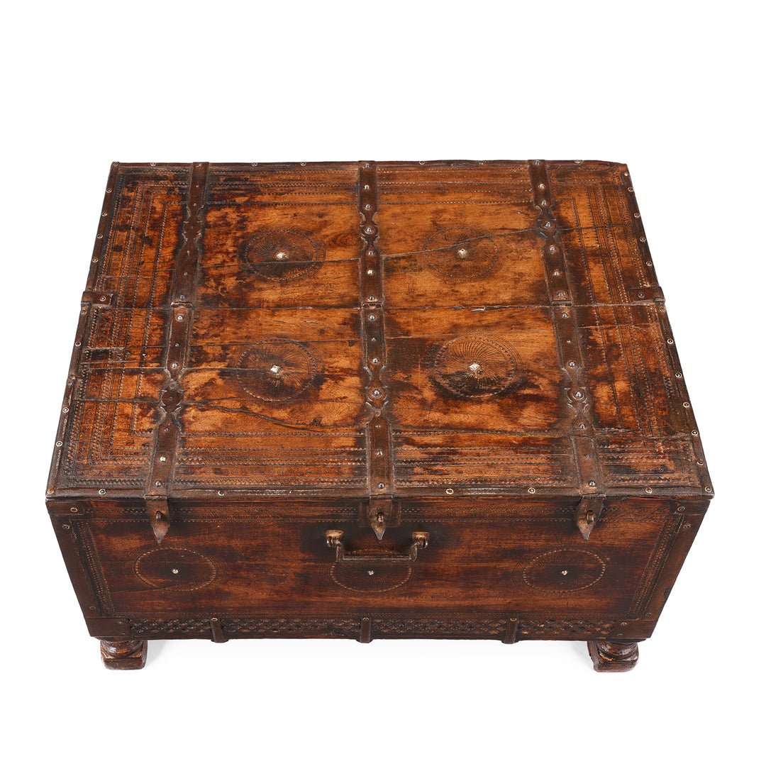 Top Down View Of Antique Indian Chip Carved Merchants Box | Indigo Antiques