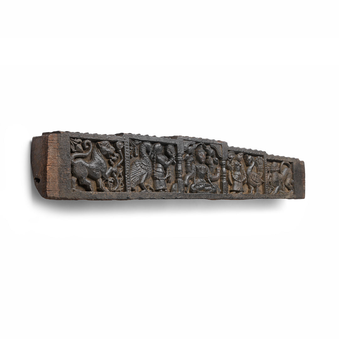 Angled View Of Antique Carved Tribal Lintel Panel From Kangra Valley | Indigo Antiques