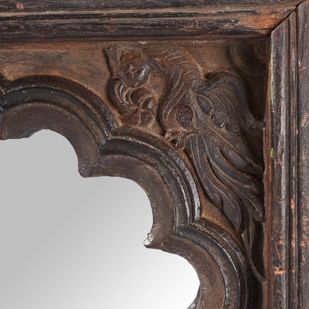 Peacock Detail From Antique Carved Teak Window Mirror From Rajasthan 19th Century | Indigo Antiques