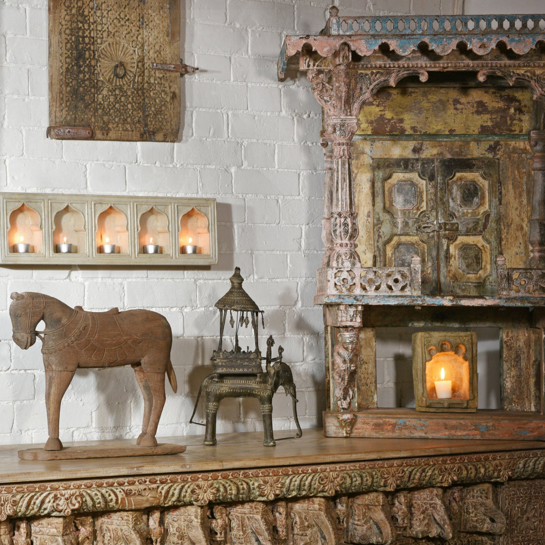 Angled View Of Antique Indian Painted House Shrine From Gujarat - 19th Century | indigo Antiques
