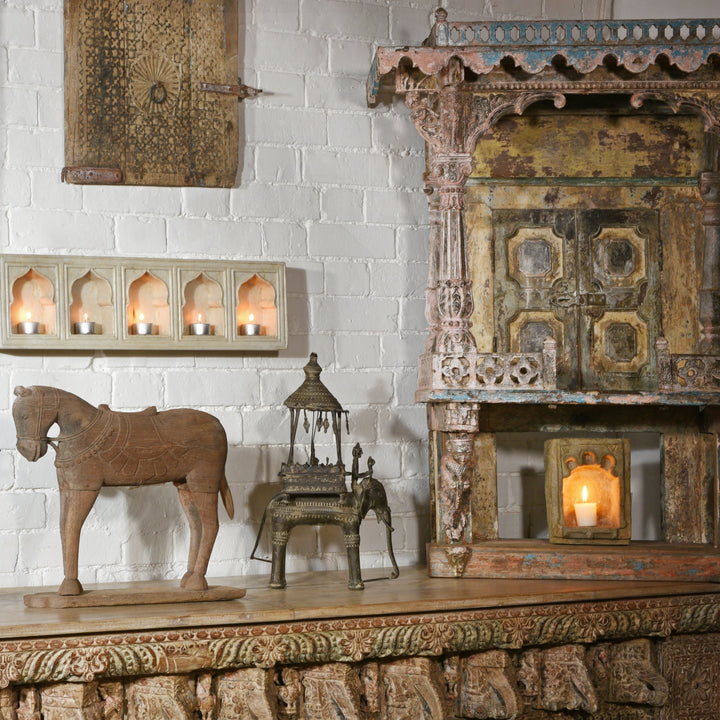 Angled View Of Antique Indian Painted House Shrine From Gujarat - 19th Century | indigo Antiques