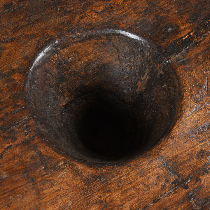 Grinding hole from an Antique Tribal Teak Wood Mortar From Nagaland | Indigo Antiques