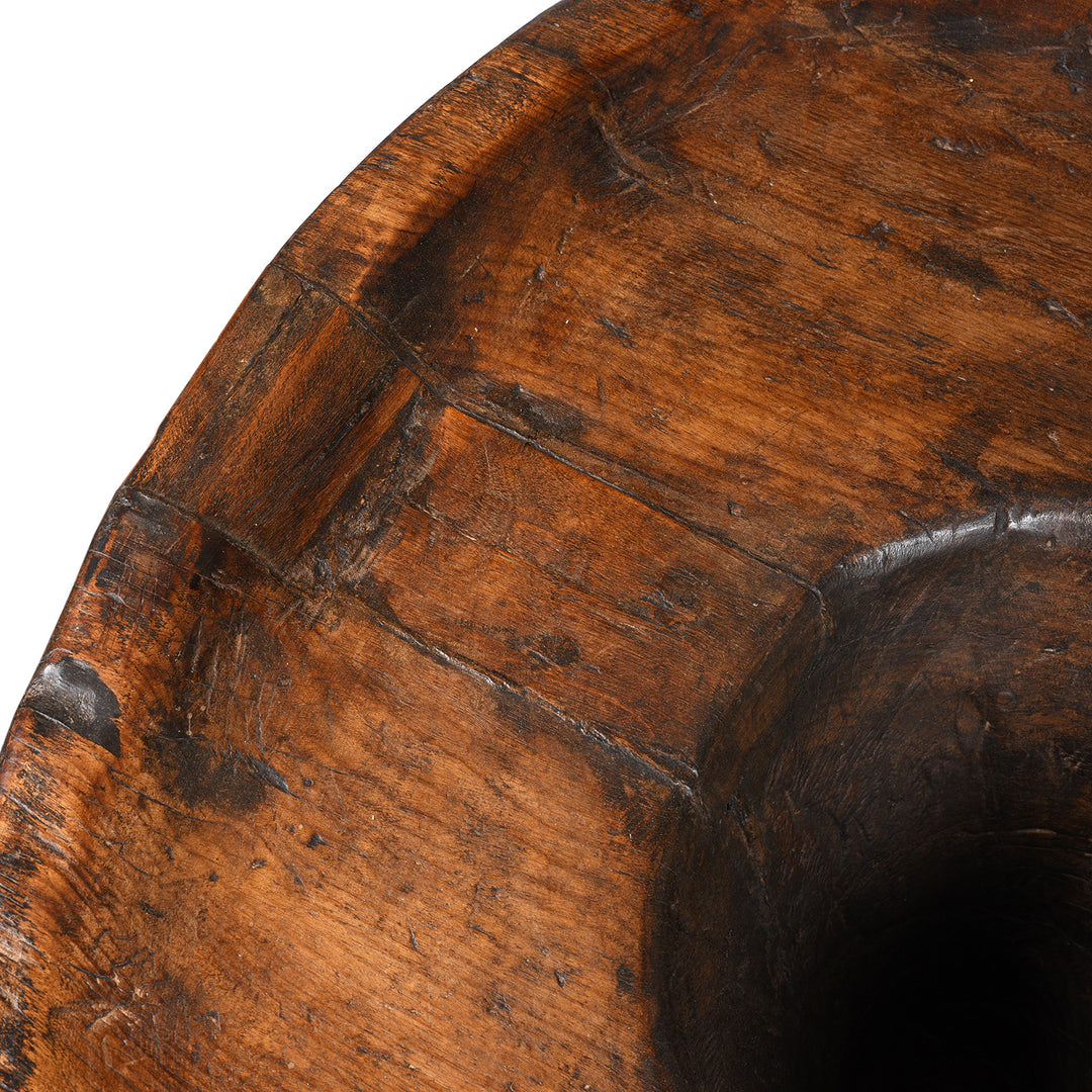 Repair detail from an Antique Tribal Teak Wood Mortar From Nagaland | Indigo Antiques