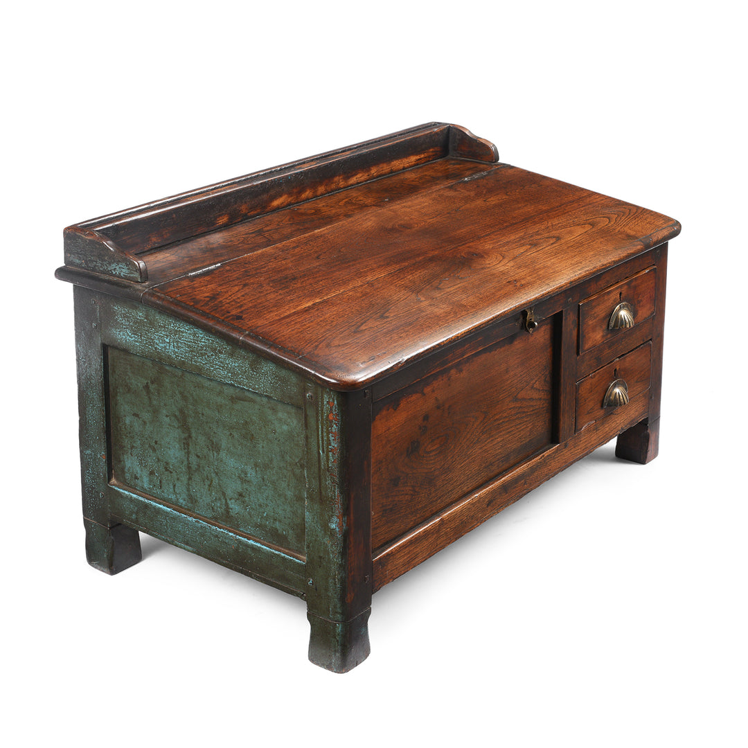 Angled View Of Antique Old Teak Low Desk From Gujarat - Ca 1920 | Indigo Antiques
