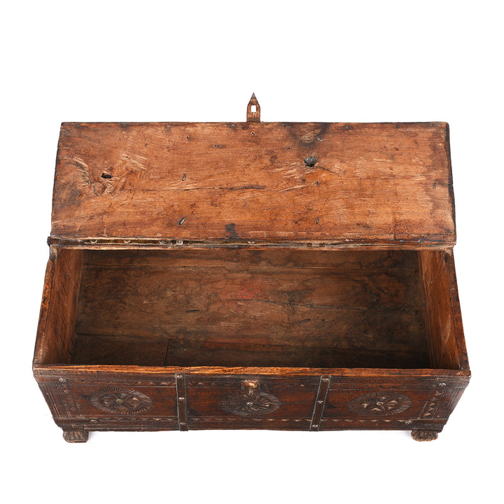 Open Lid View Of Antique Chip Carved Teak Merchants Box From Rajasthan | Indigo Antiques