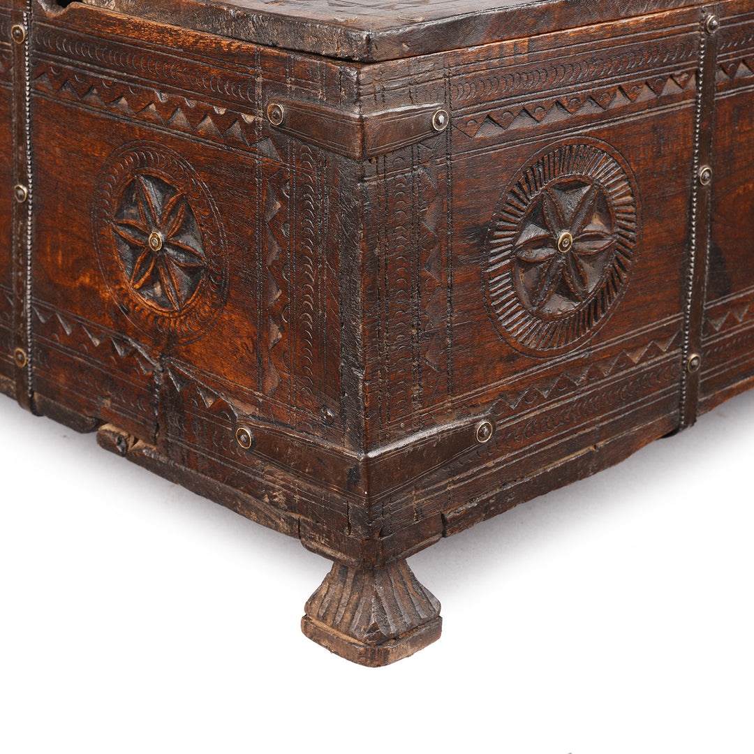 Corner Detail From Antique Chip Carved Teak Merchants Box From Rajasthan | Indigo Antiques